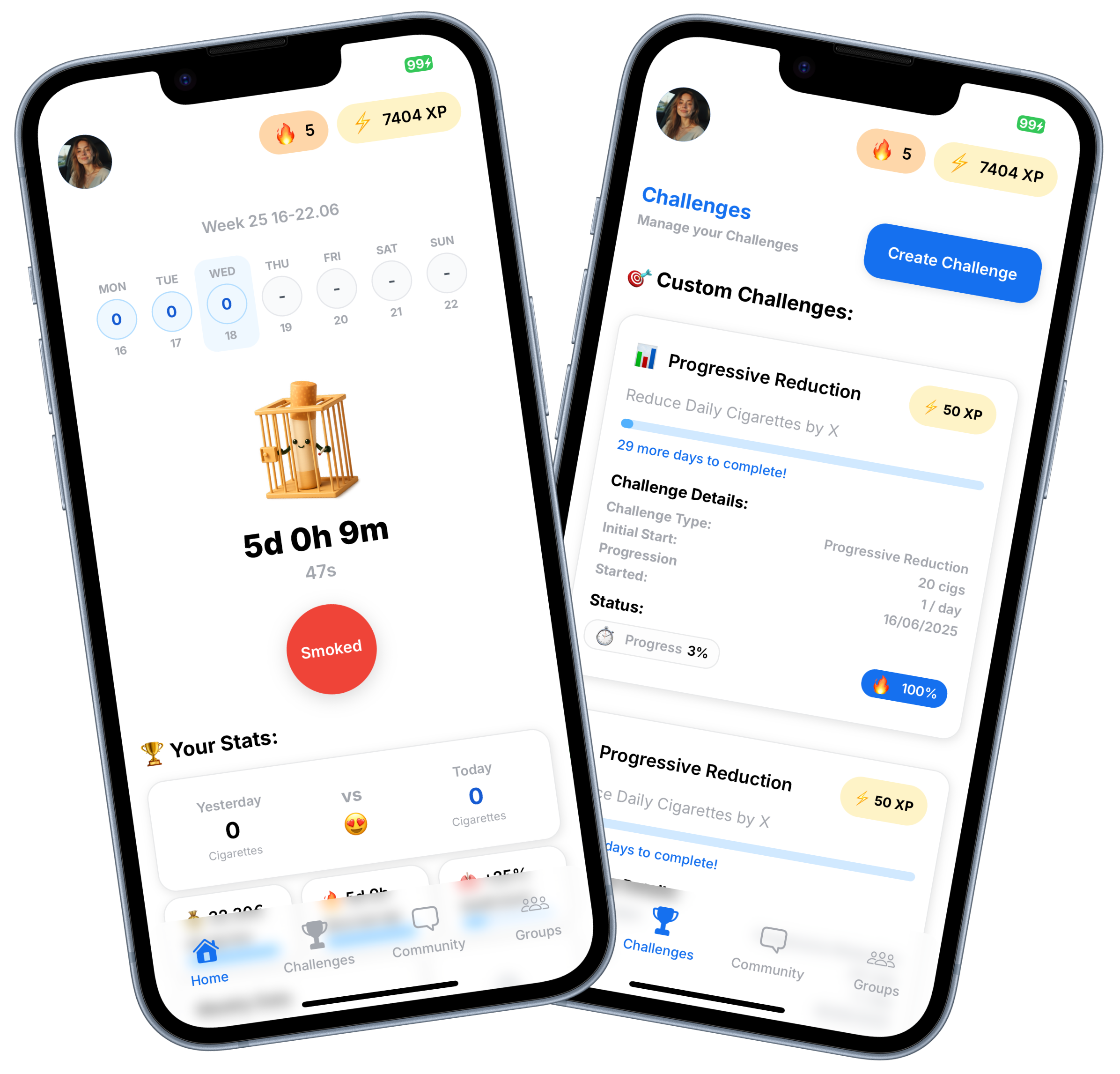 Smokefree Life App Interface showing 4-phase program and progress tracking