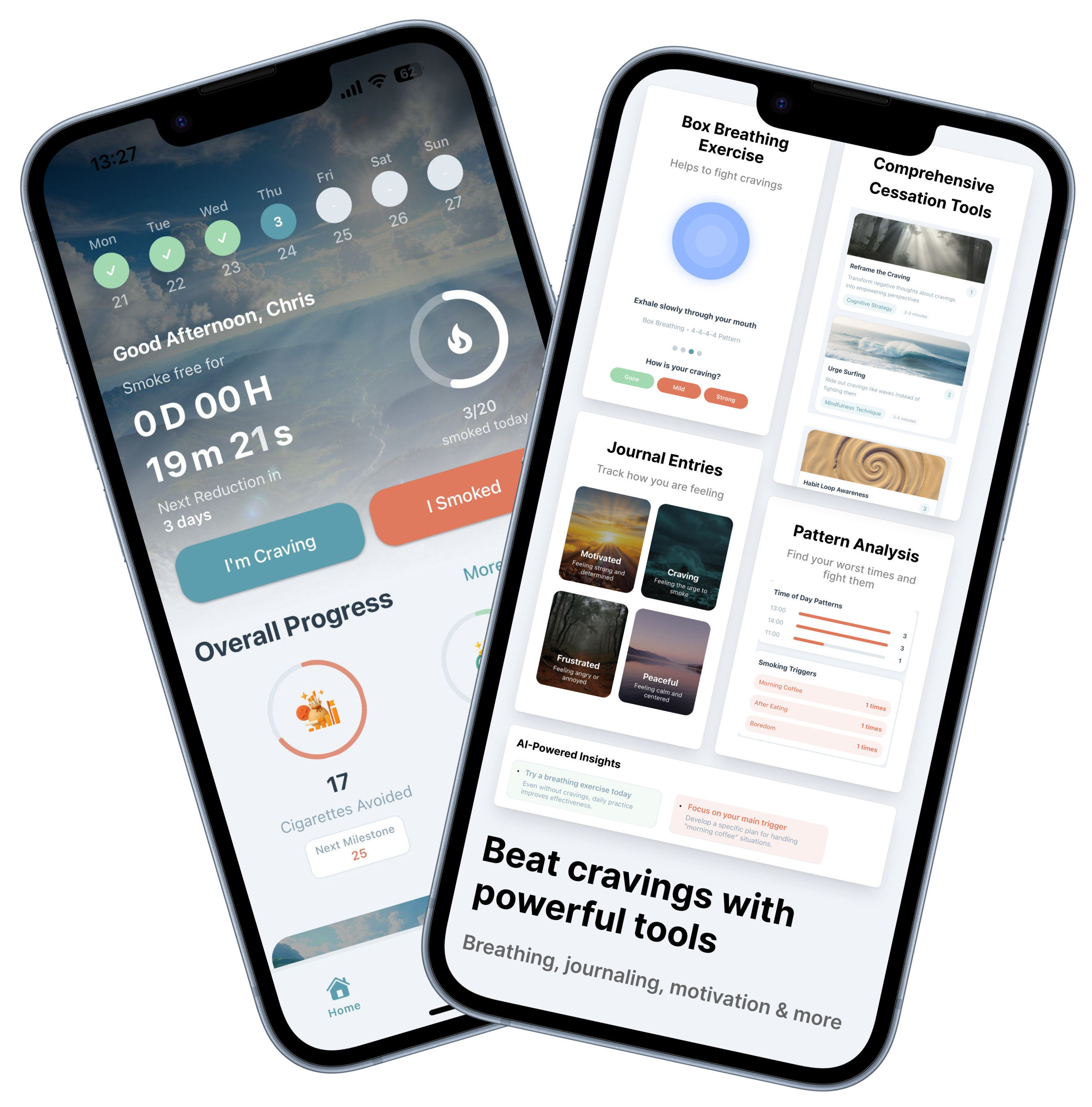 Smokefree Life App showing progress tracking and craving management tools on two iPhone screens